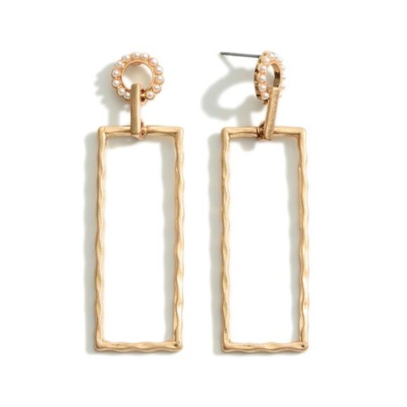 Rectangular Drop Earrings Brushed Gold Featuring Pearl Accents - Picture 1 of 2